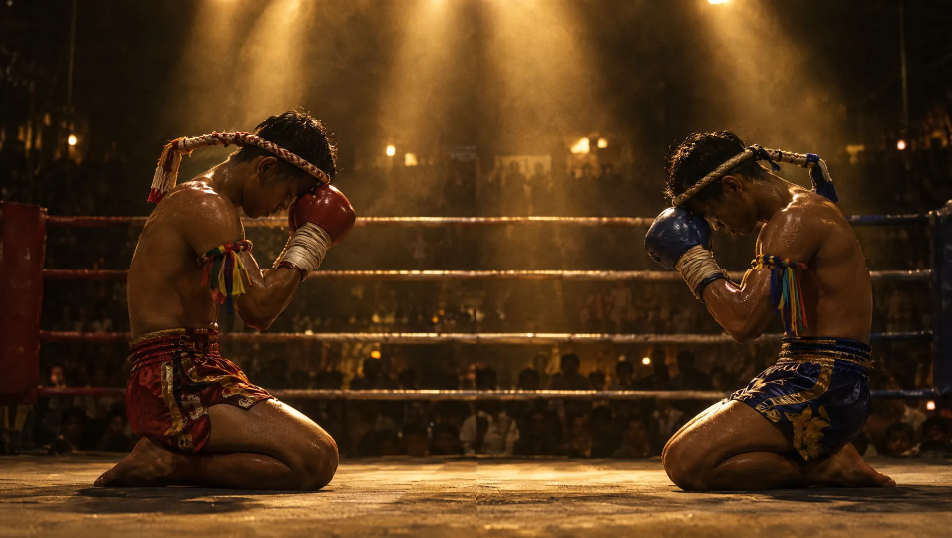 Two fighters, one in red and one in blue, kneel and pray in the ring before a fight, each wearing a mongkol headband and prajiad arm cords
