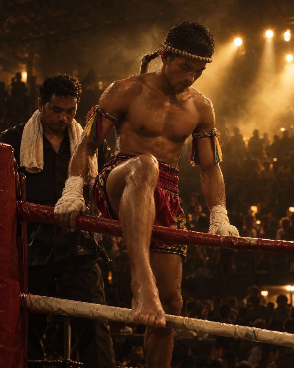 A fighter wearing a mongkol climbs through the ropes into the ring while his trainer waits in the corner