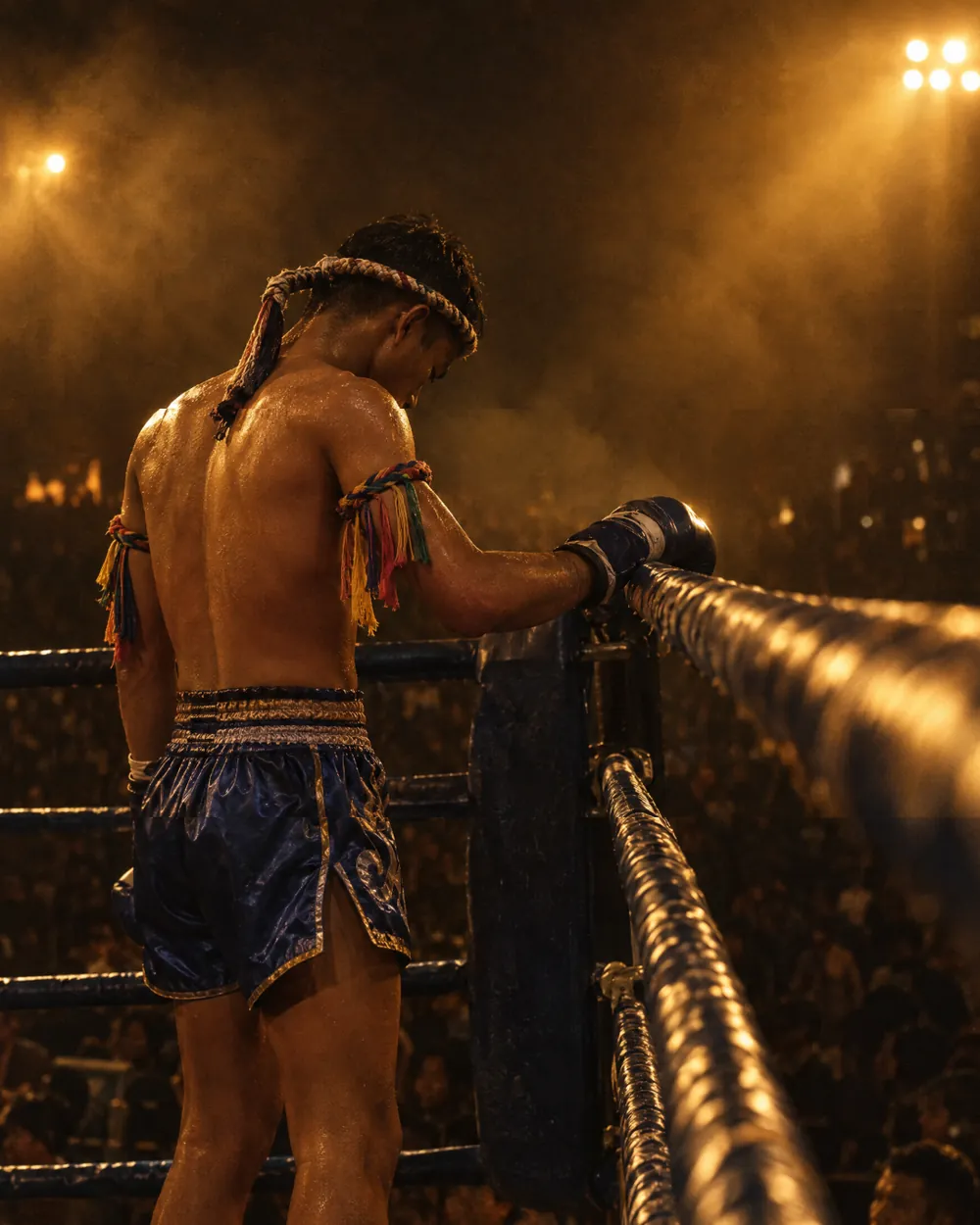 A fighter rests a glove on the top rope and bows his head at a corner of the ring