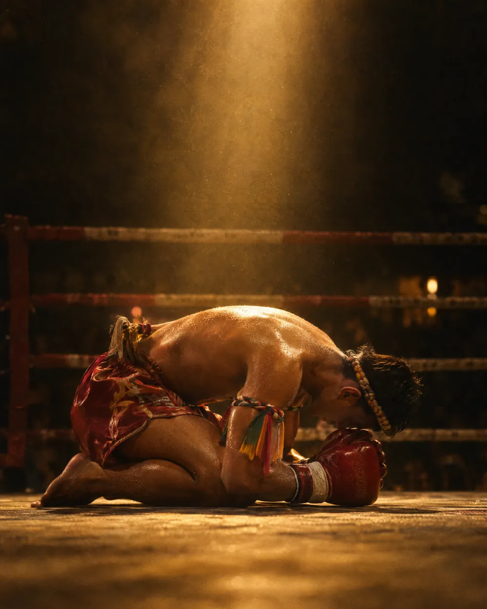 A fighter kneels and bows low to the canvas under a single spotlight