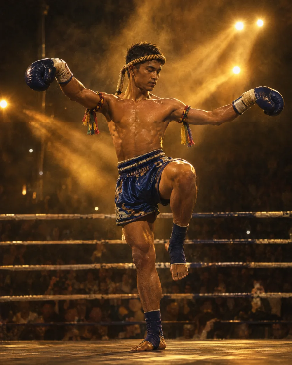 A fighter dances the ram muay on one leg with his arms spread wide