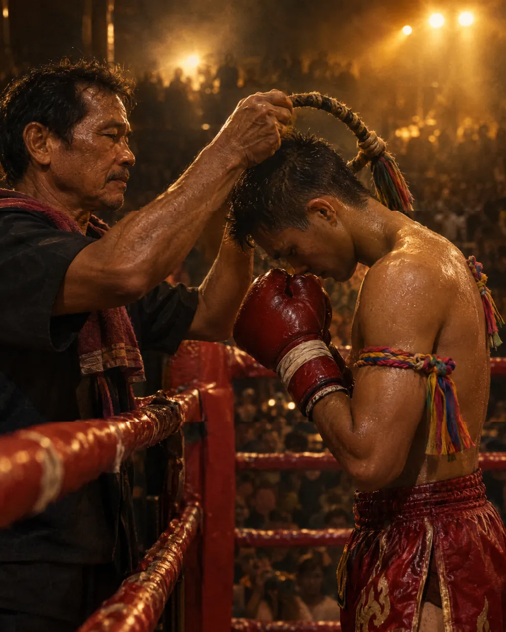 A trainer lifts the mongkol from his fighter's head in the red corner